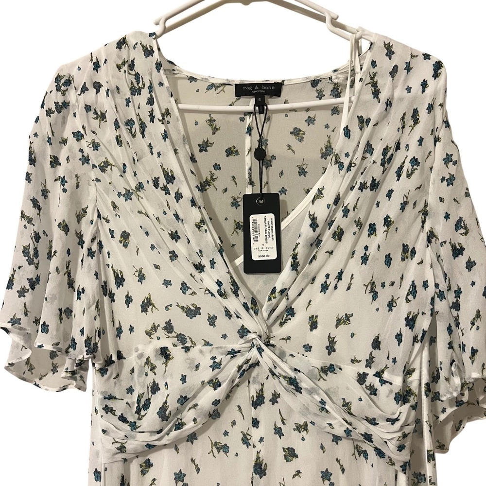 NWT Rag & Bone Womens 6 Tamar Floral Dress White Silk Maxi V-Neck WAW22S30127612